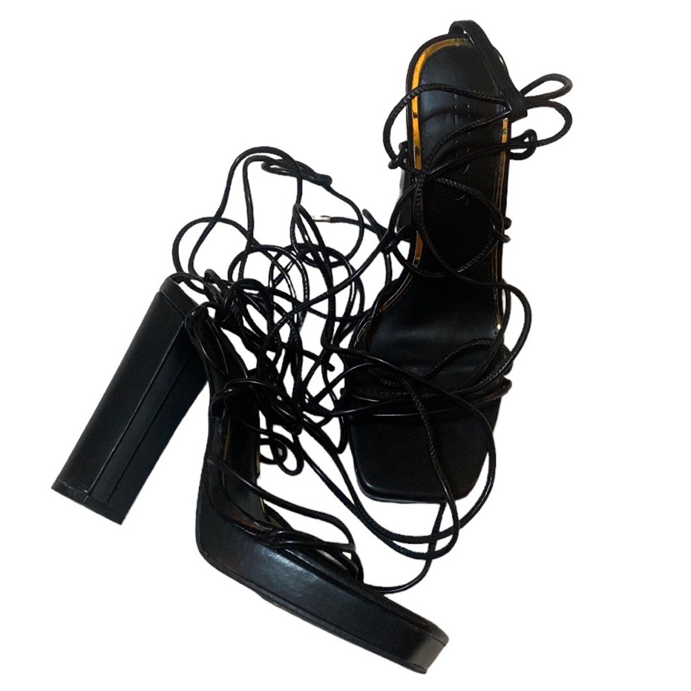 Liliana black open square toe gladiator lace up heels sandals 8